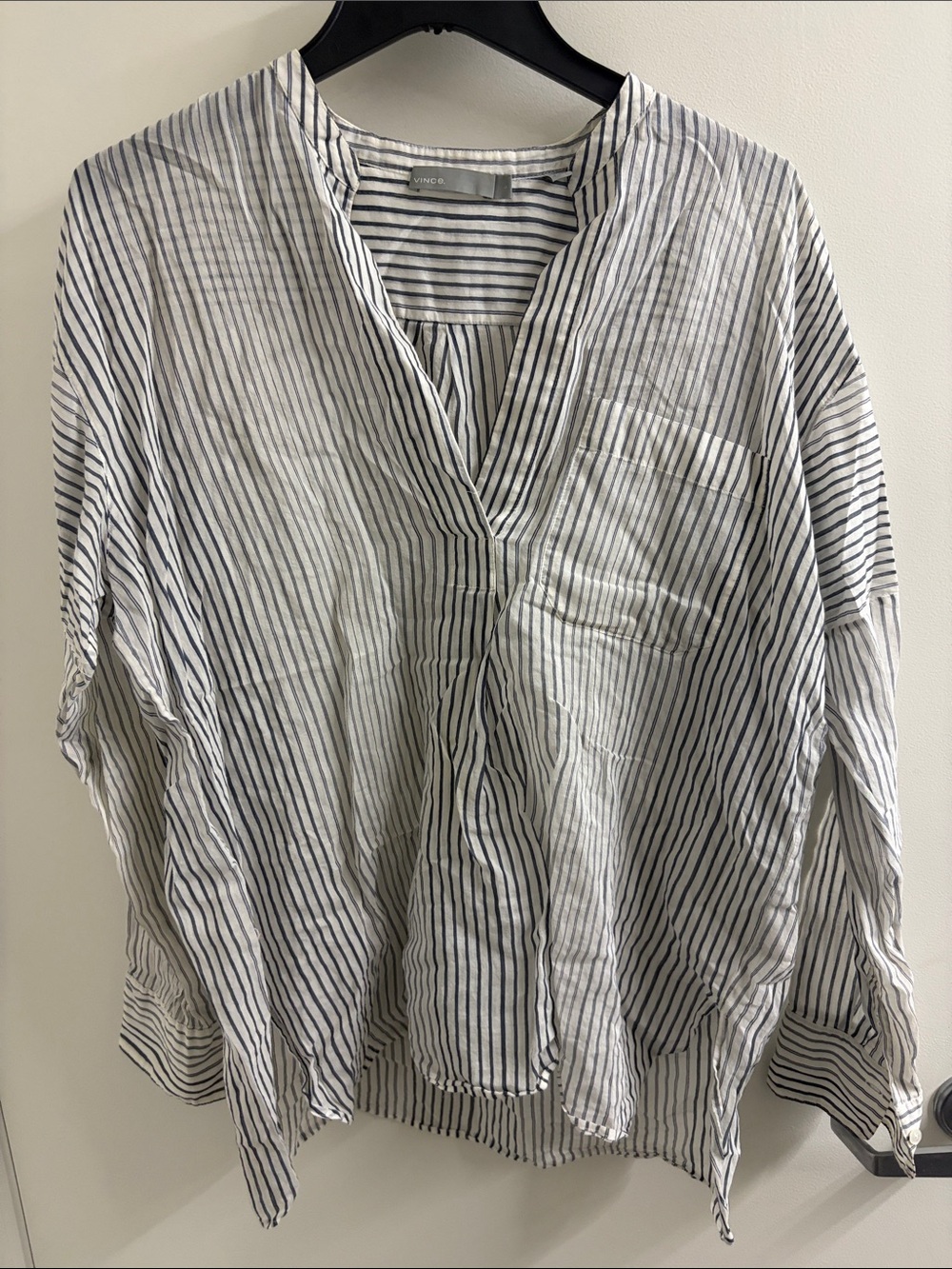 Vince White and Navy Vertical-Stripe V-Neck Blouse